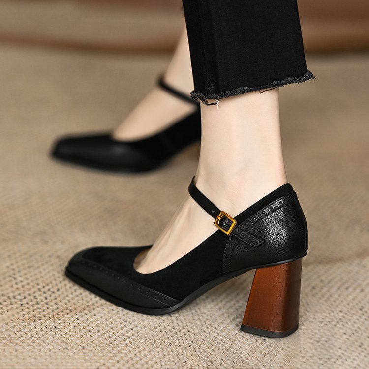Patchwork Chunky Heel Buckle French Style Square Toe High Heel