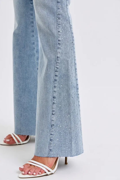 Judy Blue Full Size Mid Rise Rhinestone Side Panel Detail Flare Jeans Plus Size