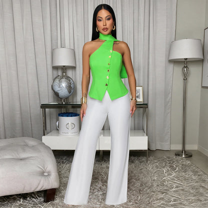Office-style Halter-neck Fitted Top And Wide-leg Pants Two-piece Set