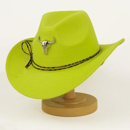 Western Cowboy Hat For Men And Women Metal Bull-Head Wool Cavalry Cap Top Hat