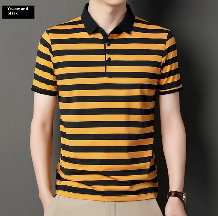 Summer Men's Cotton Ice Silk Striped Polo T-shirt