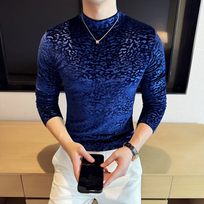 Velvet Leopard Print Jacquard Half-High Collar Long-Sleeve T-Shirt