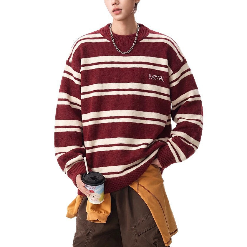 Men's FallWinter Color-Block Crew-Neck Striped Sweater