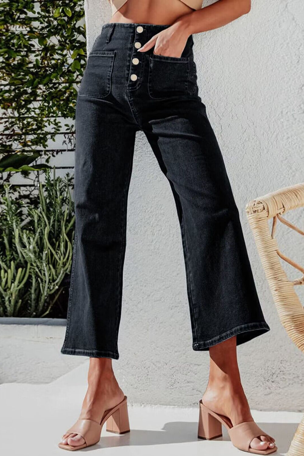 Button Fly Cropped Wide Leg Jeans