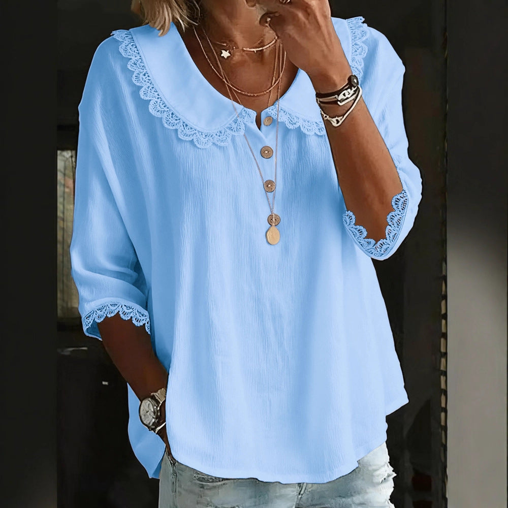 Fashionable Collar With Lace Trim Blouse Tops For Women Spring Summer Solid-Color Button-Up Shirt