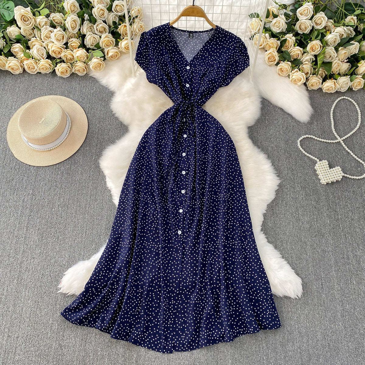 Womens Solid-Color Polka-Dot V-Neck Short-Sleeve Dress