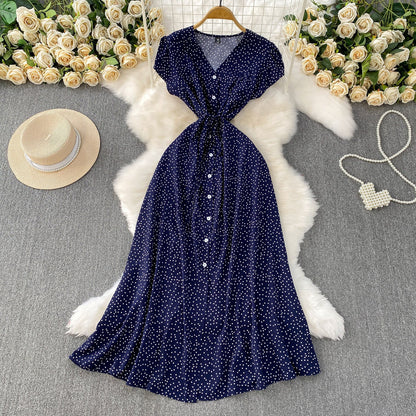 Womens Solid-Color Polka-Dot V-Neck Short-Sleeve Dress