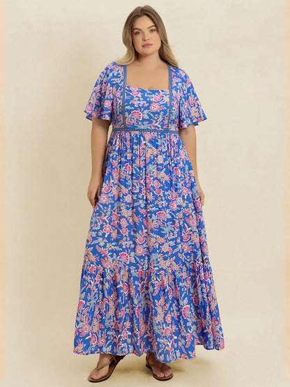 Plus Size Ruched Printed Short Sleeve Dress