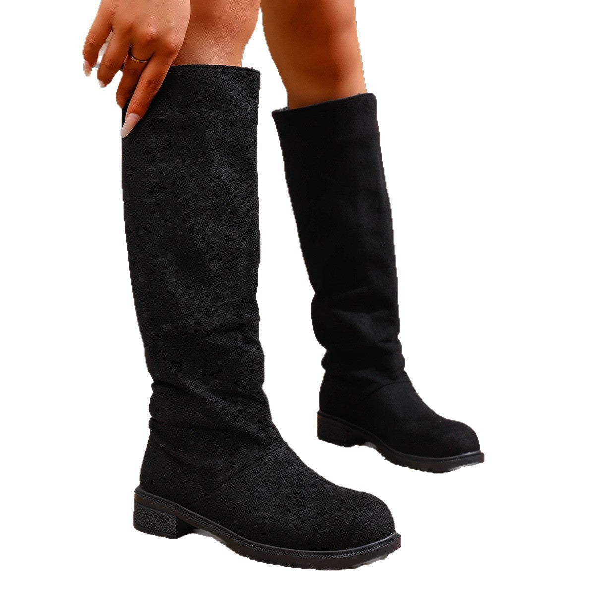 European And American Fashion Suede Sleeve High Leg Boot Low Heel Large Size Below The Knee Boots