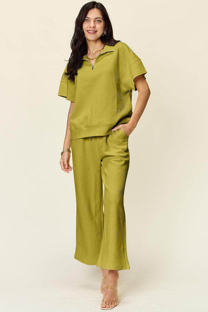 Double Take Full Size Texture Half Zip Short Sleeve Top Set