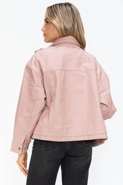 How Dare U Drawstring Hem PU Leather Zip Up Jacket for Women