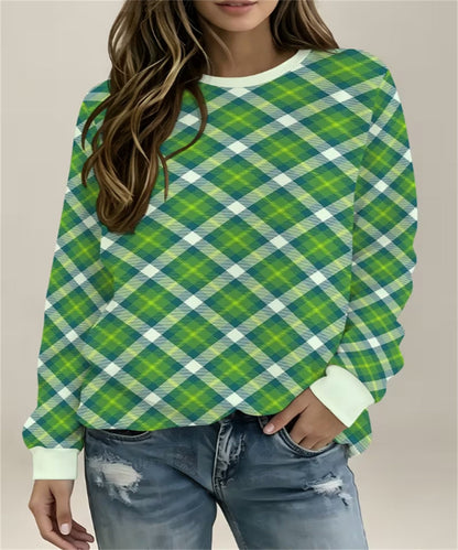 Women's Light Green Plaid Gingham Print Crew Neck Sweatshirt, Long Sleeve Casual Pullover Top