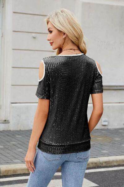 Sequin Crisscross V-Neck Cold Shoulder Blouse for Women
