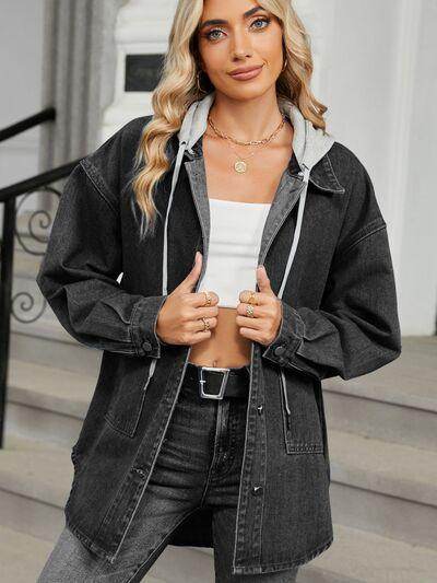 Removable Hood Button Up Long Sleeve Denim Jacket for Women