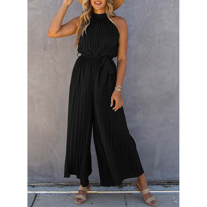 Off-shoulder Halterneck Pleated Jumpsuit