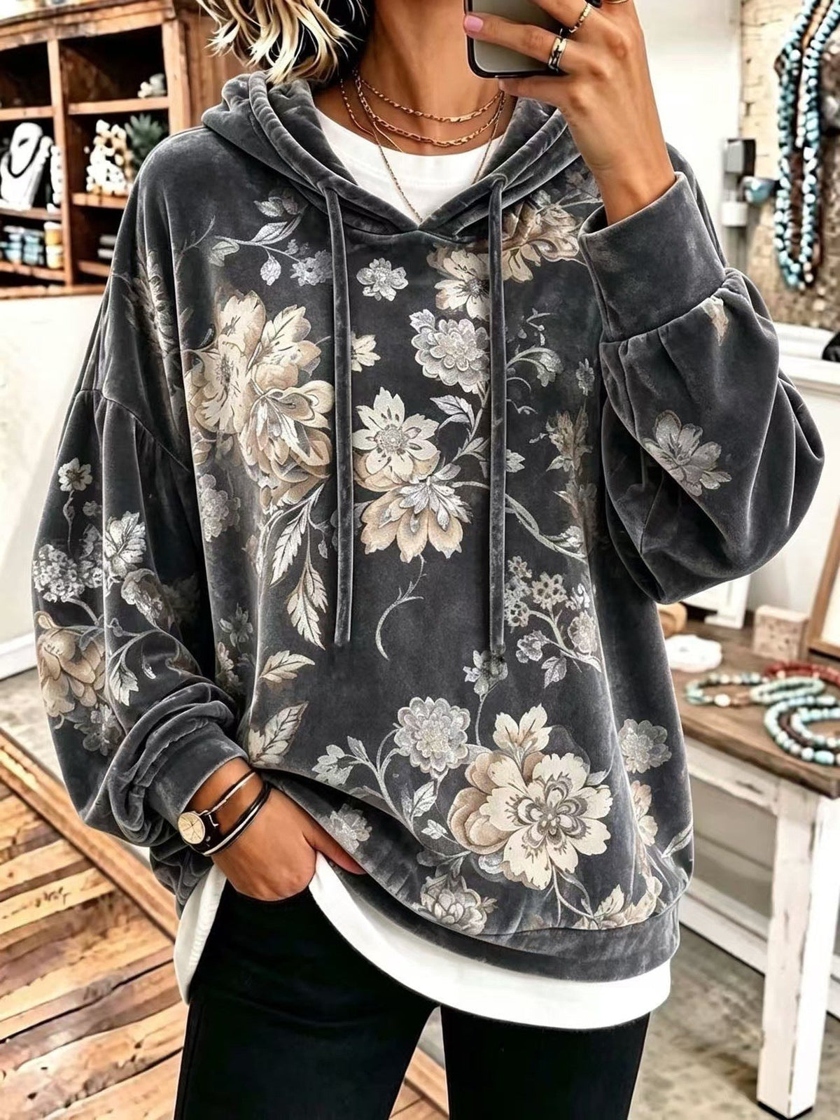 Women's Velvet Hooded Floral Sweatshirt Loose-fitting Long-sleeve Top