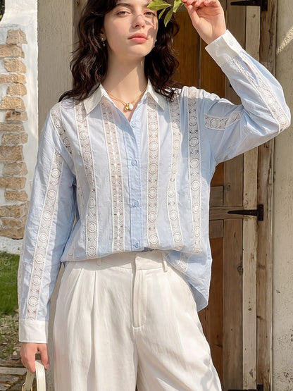 Crochet Lace Striped Long Sleeve Cotton Shirt