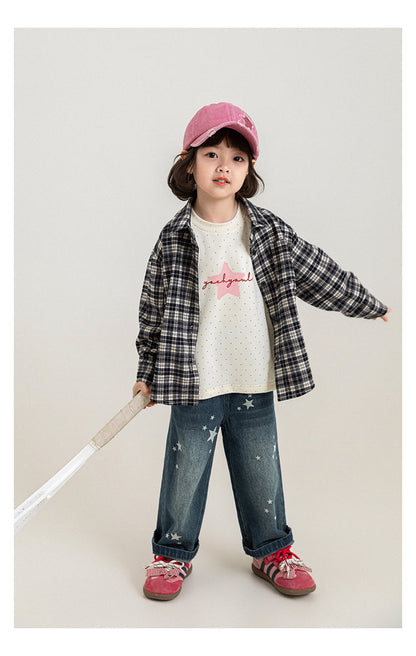 Girls' Wide-leg Multicolor Denim Jeans With Star Print