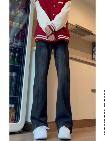 Mens Washed Straight-Slit Denim Jeans