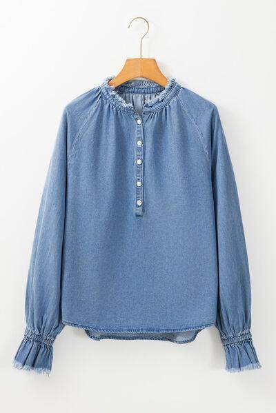 Half Button Long Sleeve Denim Top for Casual Style