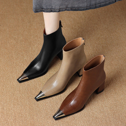 European And American-style Chic Metallic-stitched Pointed-toe Leather Ankle Boots