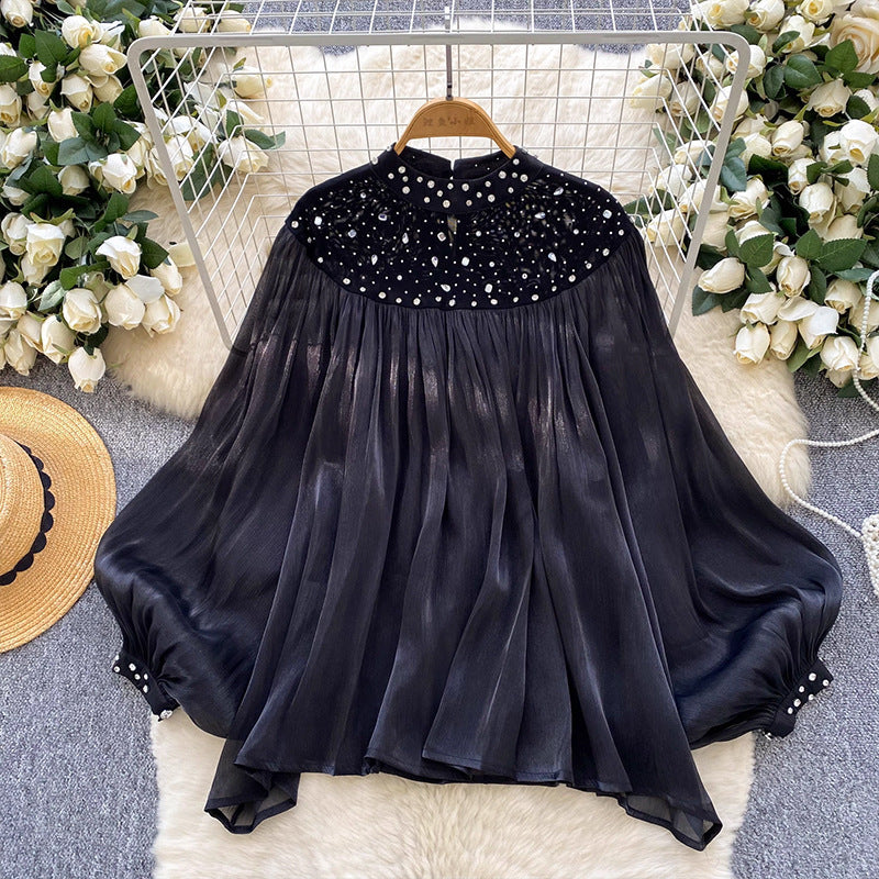 Womens Loose, Casual Rhinestone-embellished Lantern-sleeve Tassel Mesh Top