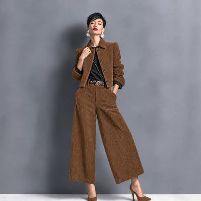 Corduroy Cropped Jacket And Wide-leg Pants Set