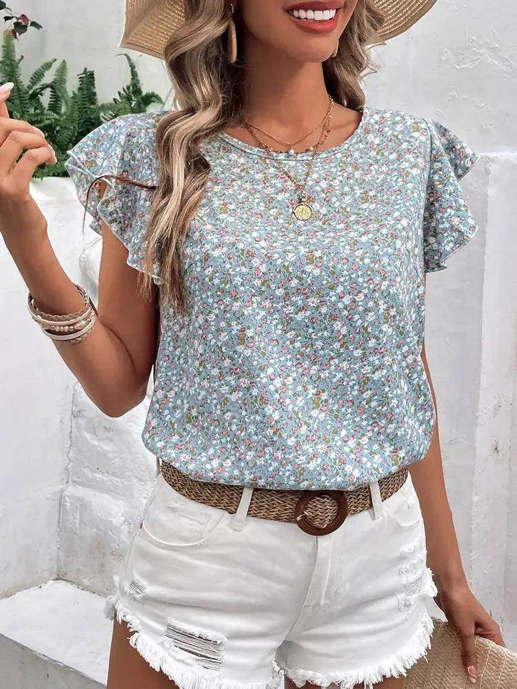 Ditsy Floral Round Neck Cap Sleeve Top for Women
