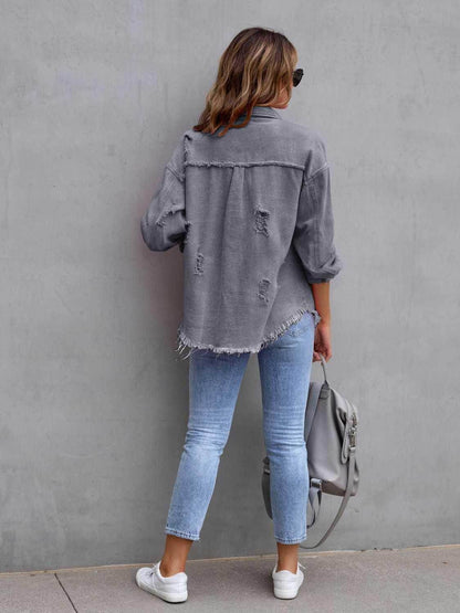 Distressed Drop Shoulder Denim Jacket for Casual Style