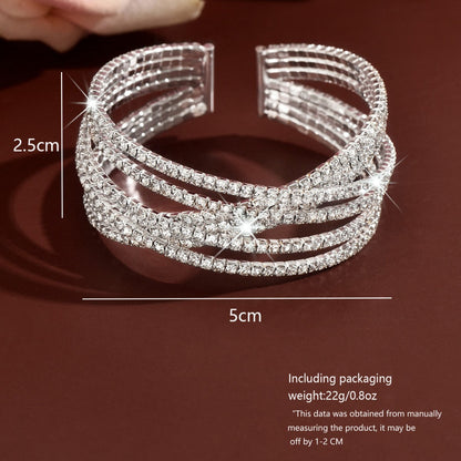Eco-friendly Full Zircon Cross C Shape Wide Open Elastic Bangle Statement Women Wrist Jewelry For Banquet Party Occasions