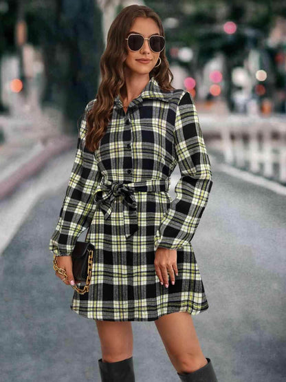 Plaid Tie Front Collared Neck Long Sleeve Dress For Women