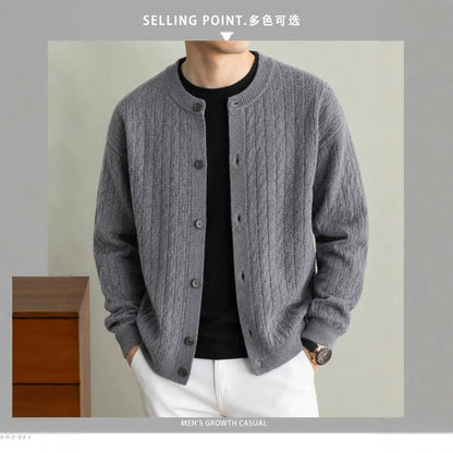 Men's Round-Neck Cable-Knit Cardigan Solid-Color Single-Breasted Sweater Coat