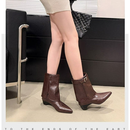 Women Elegant Pointed Toe Metal Buckle Strap Ankle Boots, Folded Shaft Soft Leather Low Heel Short Booties Retro
