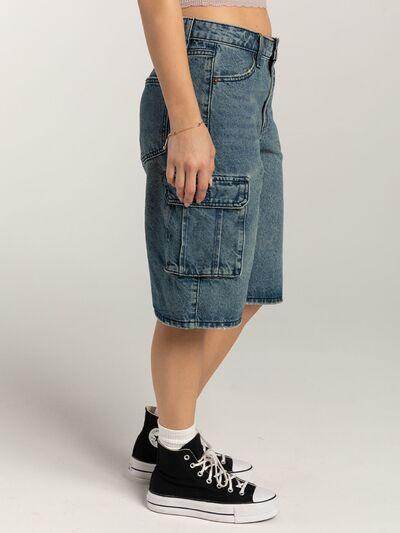 Mid-Rise Waist Denim Shorts with Pockets for Women