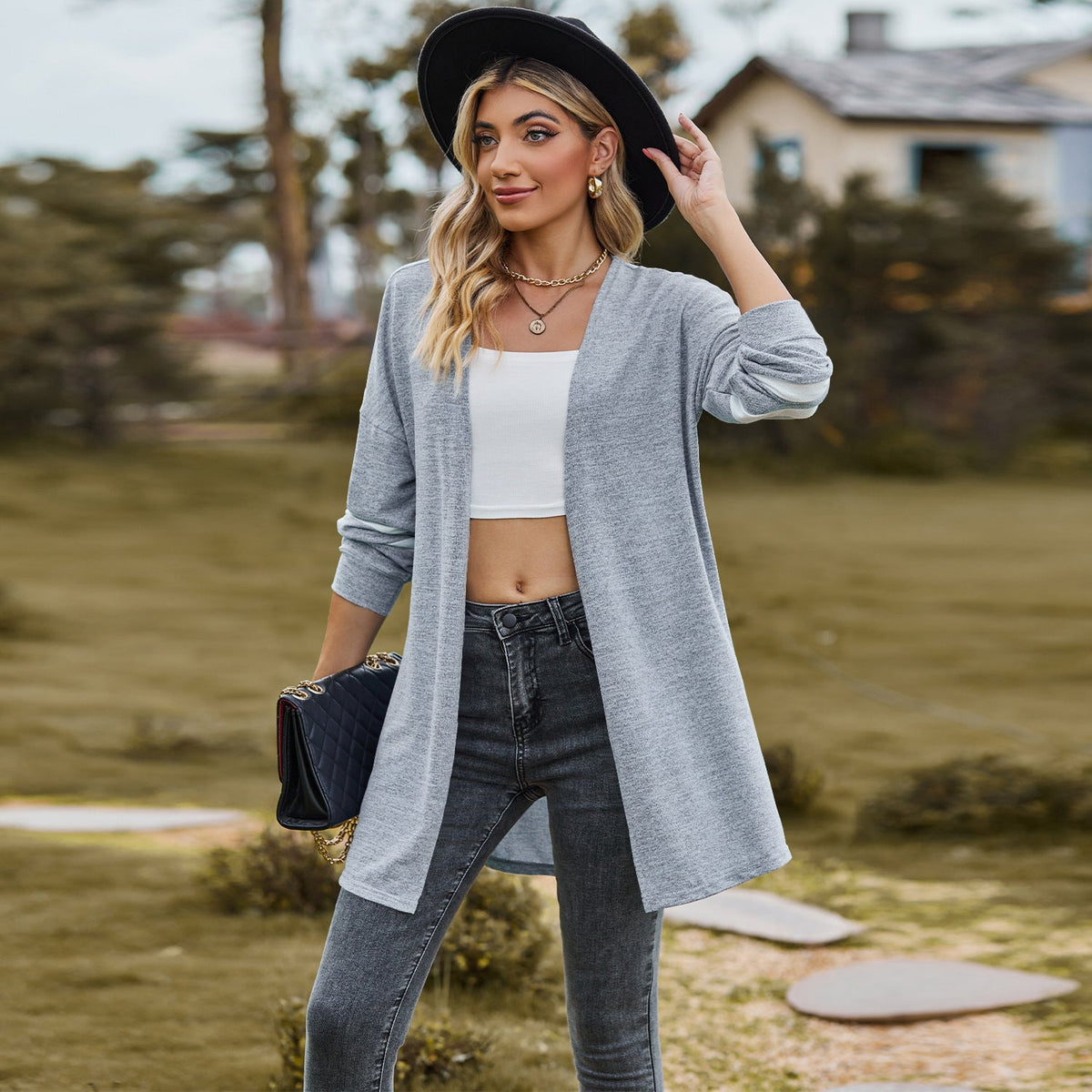 Women's Long-sleeved Stitching Contrast Color Knitted Cardigan