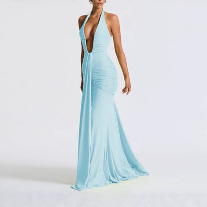 Solid Color Elegant Halter Deep V Waist-slimming Long Dress