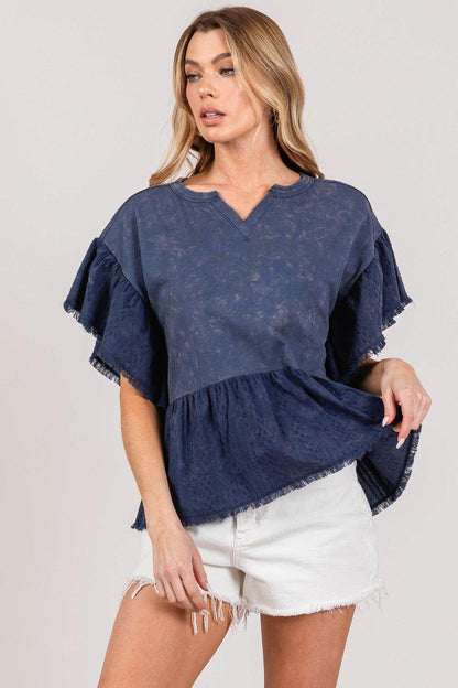 SAGE + FIG Ruffle Sleeve Washed Short Sleeve Blouse for Women