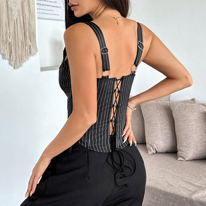 Contrast-color Ruffled Bust Cup Fishbone-style Workwear Vest