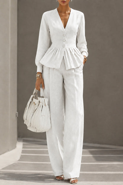 Long-sleeve V-neck Top And Wide-leg Pants Two-piece Set
