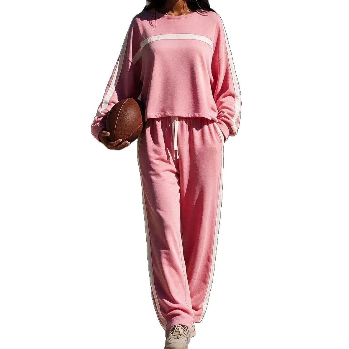 Striped Color-Block Casual Sporty Crew-Neck Sweatsuit Two-Piece Set