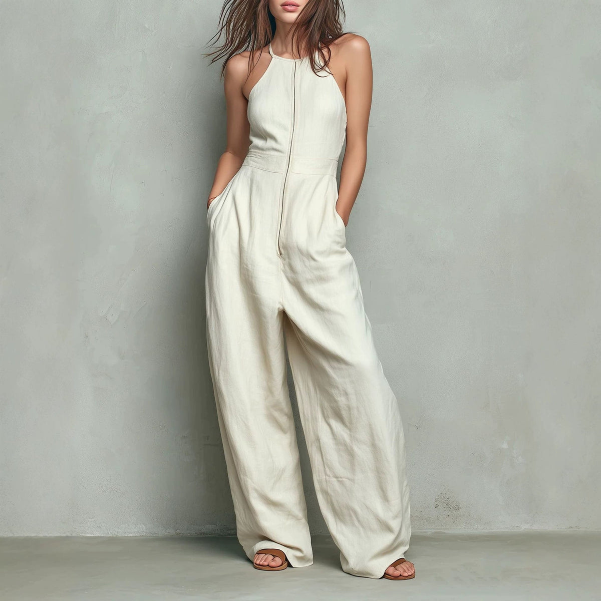 Womens Solid-color Zip-front Backless Wide-leg Relaxed-fit Jumpsuit