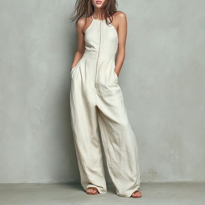 Womens Solid-color Zip-front Backless Wide-leg Relaxed-fit Jumpsuit