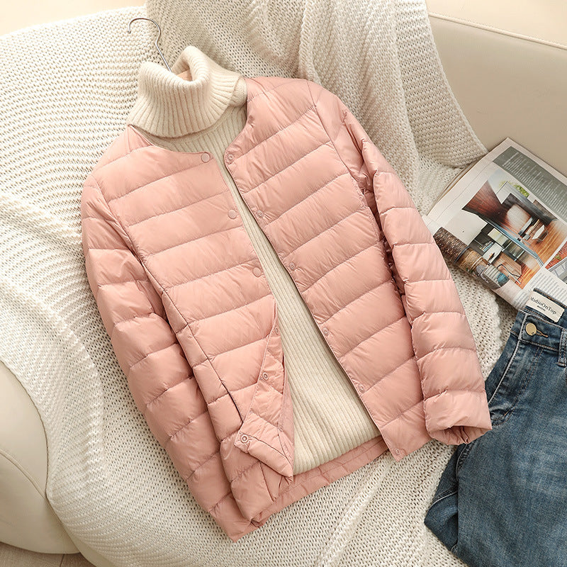 Round-neck Long-sleeved White Down Jacket In Large Size