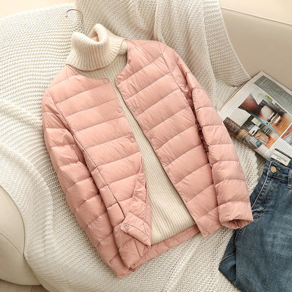 Round-neck Long-sleeved White Down Jacket In Large Size