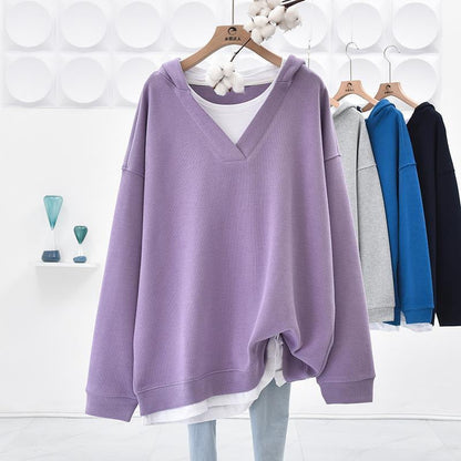 V-neck Faux Two-piece Mid-length Hooded Sweatshirt With Tummy-covering Design