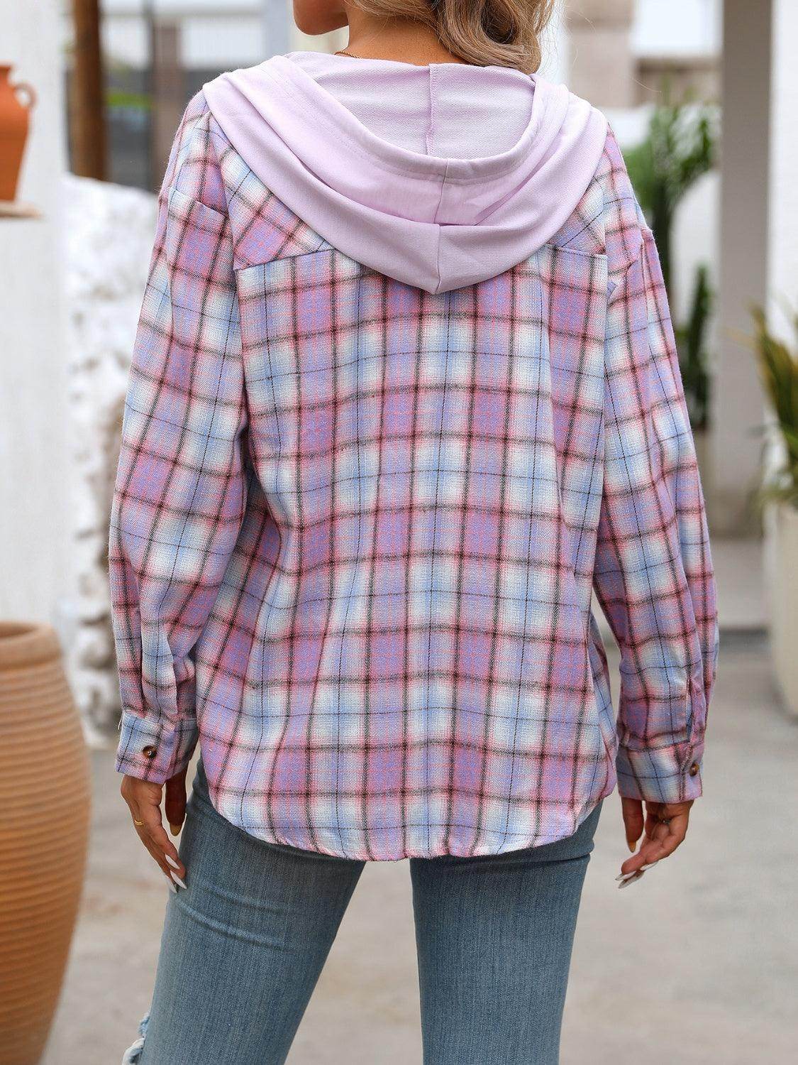 Plaid Long Sleeve Hooded Jacket for Women with Pockets