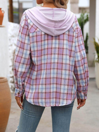 Plaid Long Sleeve Hooded Jacket for Women with Pockets