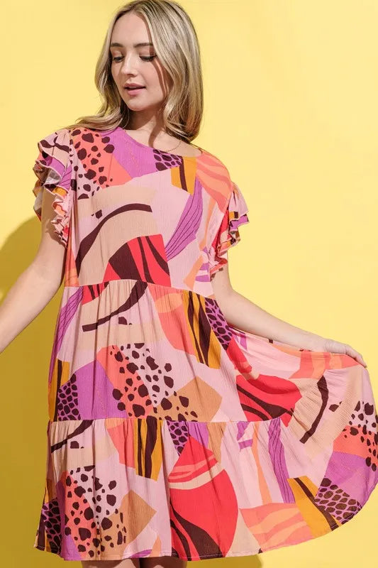 And The Why Printed Double Ruffles Sleeve Dress