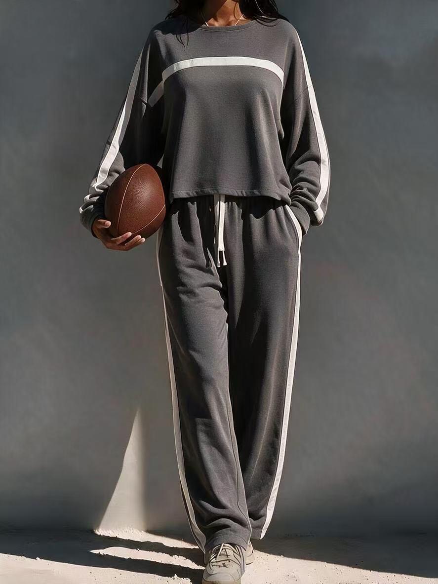 Striped Color-Block Casual Sporty Crew-Neck Sweatsuit Two-Piece Set