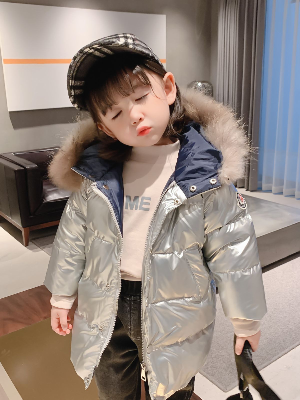 Autumn And Winter Children's Down Jacket Mid-length Big Fur Collar Thick Down Coat Glossy Winter Children's Clothing Wholesale